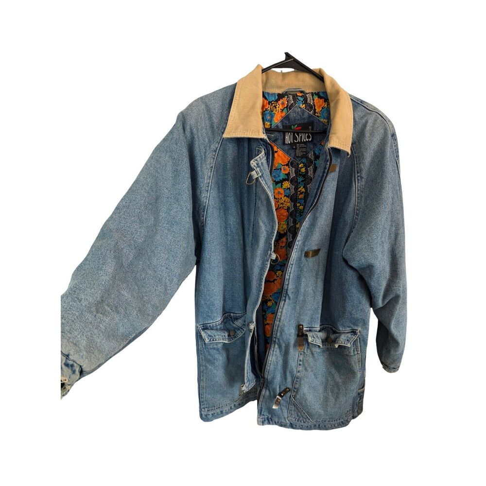 Vintage Hot Spices Corduroy Collar Floral Lined Denim Barn Jacket S